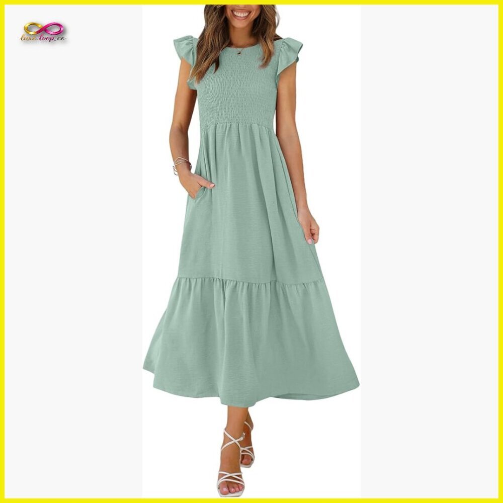 Casual Maxi Dress with Pockets Ruffle Sleeve Smocked A-Line Formal Wear